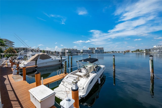 dock area featuring a water view and a city view