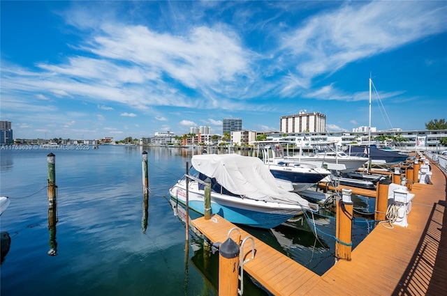 view of dock with a city view and a water view