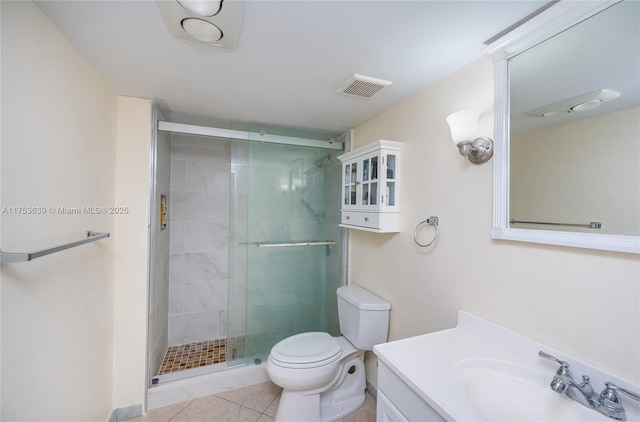 full bath with a stall shower, visible vents, toilet, tile patterned floors, and vanity