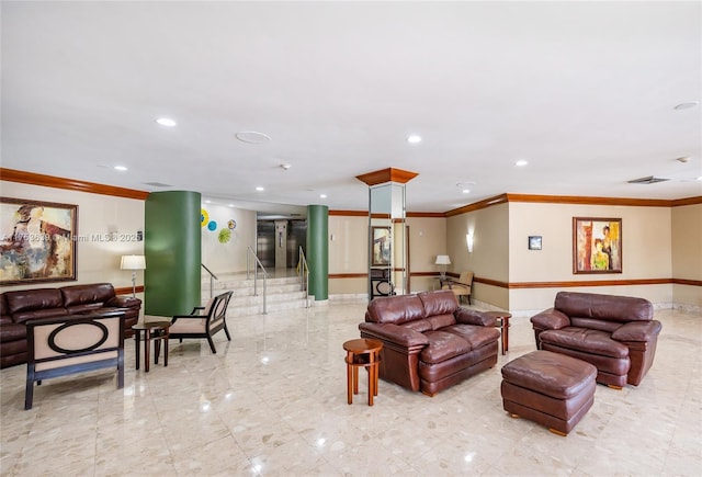 living room featuring baseboards, crown molding, and recessed lighting