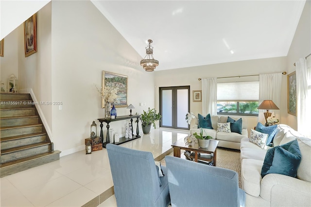 tiled living room featuring french doors, vaulted ceiling, stairway, and baseboards