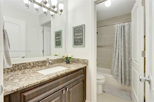 full bath featuring toilet, shower / tub combo, tile patterned floors, and vanity