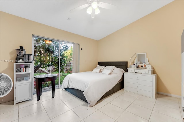 bedroom featuring light tile patterned floors, baseboards, a ceiling fan, access to exterior, and vaulted ceiling