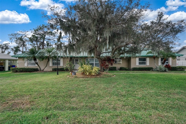 single story home with a front lawn and stucco siding