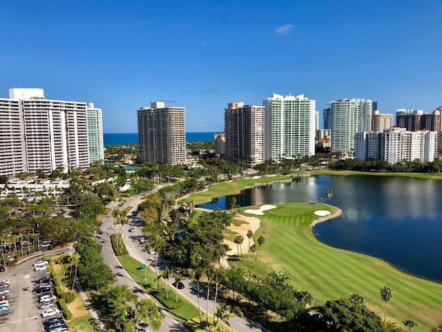 drone / aerial view featuring a water view and a city view