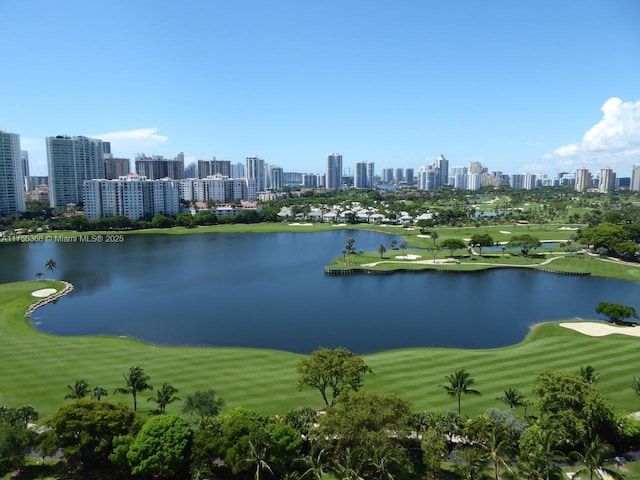 property view of water featuring a view of city and golf course view