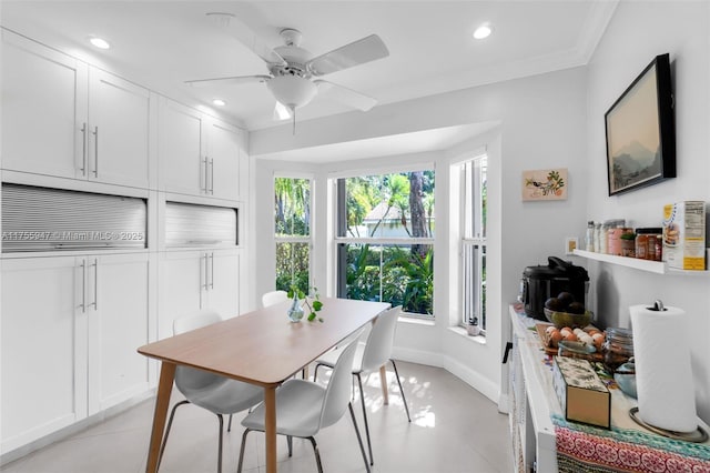 dining area with light tile patterned floors, baseboards, a ceiling fan, ornamental molding, and recessed lighting