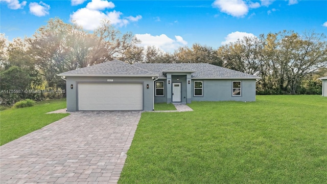 ranch-style house featuring a garage, a shingled roof, decorative driveway, stucco siding, and a front lawn