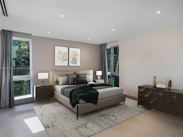 bedroom with visible vents, recessed lighting, and finished concrete floors