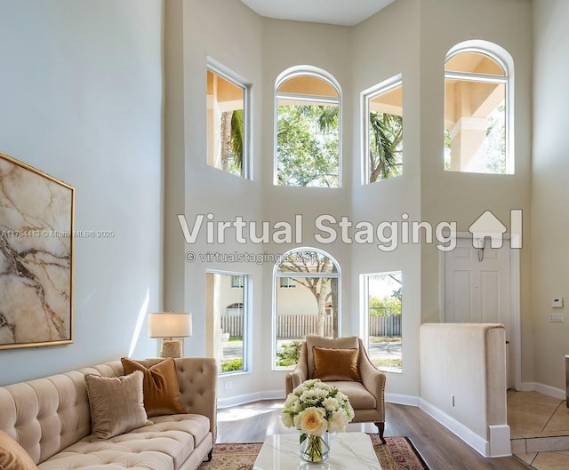 living area featuring a high ceiling, baseboards, and wood finished floors