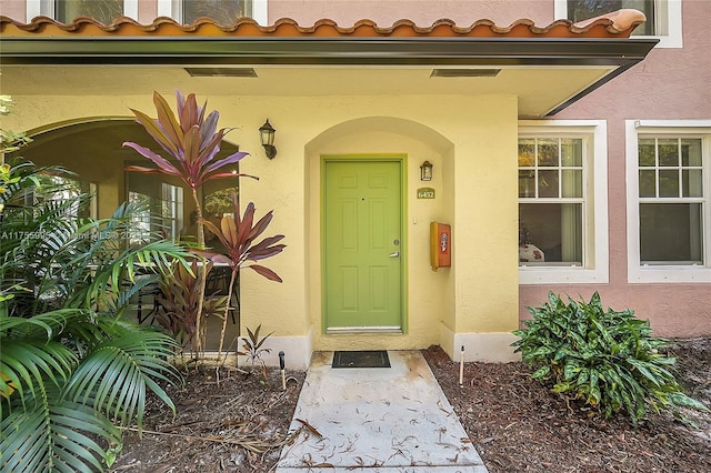 entrance to property featuring a tiled roof and stucco siding