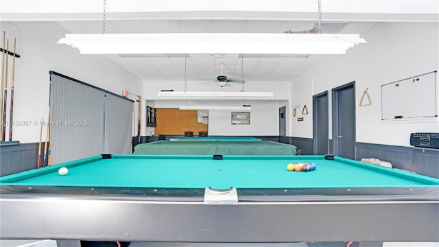 recreation room featuring pool table and wainscoting