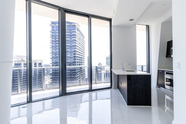 kitchen featuring a city view, stainless steel oven, a wall of windows, and a wealth of natural light