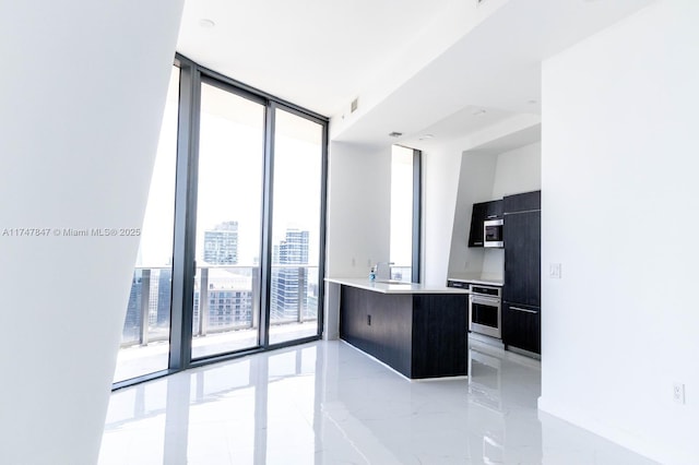 kitchen featuring appliances with stainless steel finishes, a peninsula, light countertops, dark cabinetry, and floor to ceiling windows