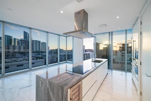 kitchen with an island with sink, a sink, floor to ceiling windows, a city view, and island range hood