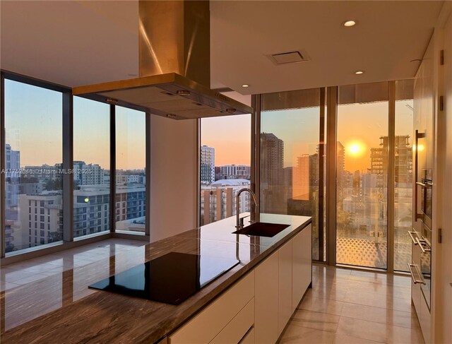 kitchen with island exhaust hood, expansive windows, a sink, white cabinets, and black electric stovetop