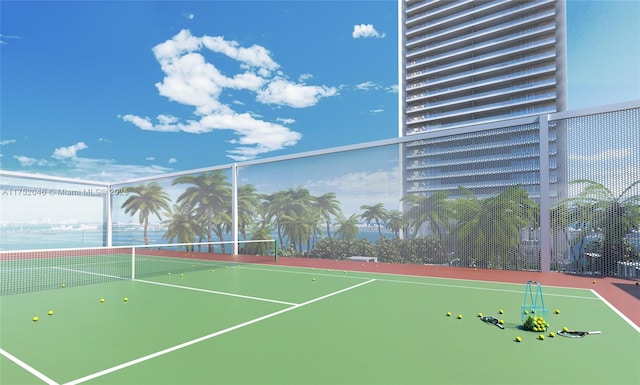 view of tennis court featuring fence