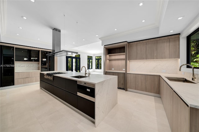 kitchen featuring a sink, open shelves, island range hood, and modern cabinets