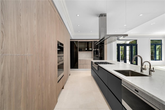 kitchen with stainless steel gas stovetop, ornamental molding, a sink, modern cabinets, and dishwashing machine