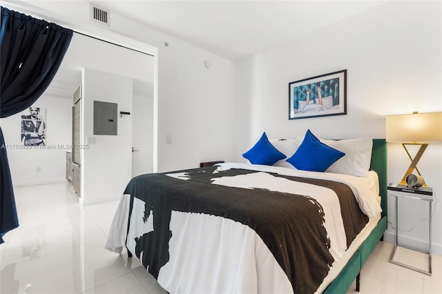 bedroom featuring visible vents and electric panel