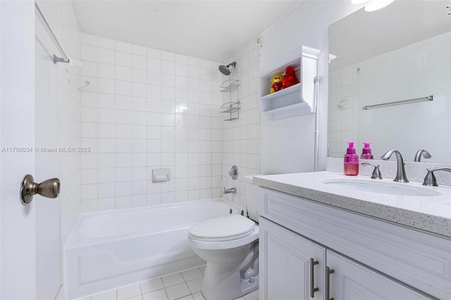 full bath featuring vanity, bathing tub / shower combination, toilet, and tile patterned floors