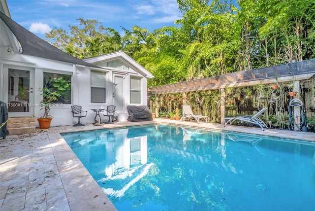 view of swimming pool featuring a fenced in pool and a patio