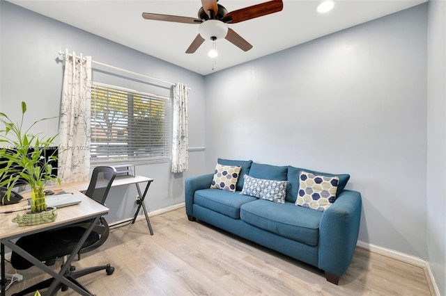 office area featuring recessed lighting, wood finished floors, a ceiling fan, and baseboards