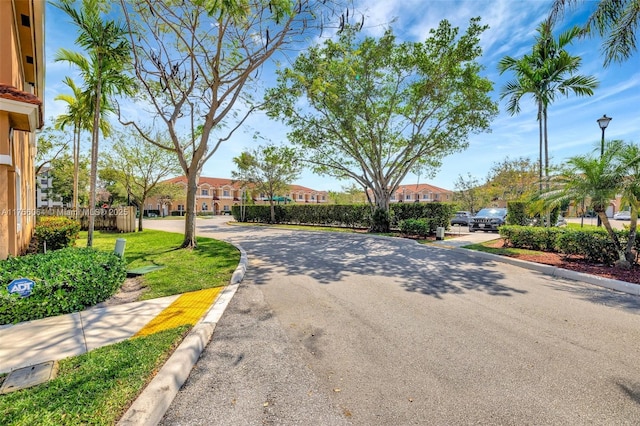 view of road featuring street lighting, a residential view, and curbs