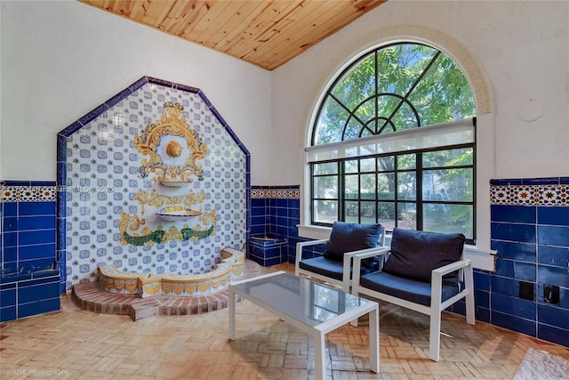 1624 Granada Blvd, Coral Gables, FL 33134 - living room featuring tile walls, wainscoting, and wood ceiling