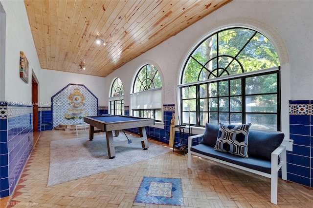 game room featuring pool table, wooden ceiling, and high vaulted ceiling