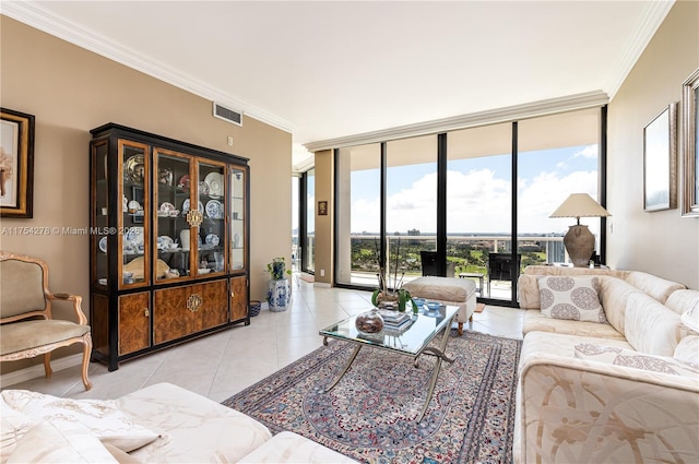 tiled living room featuring floor to ceiling windows, crown molding, and visible vents