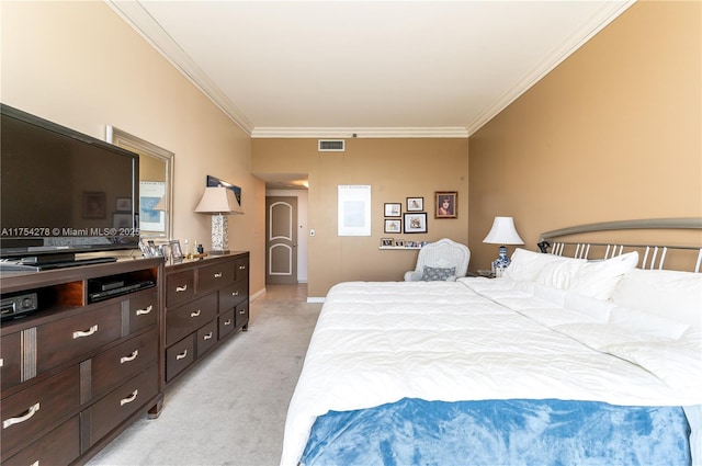 bedroom featuring light carpet, crown molding, visible vents, and baseboards