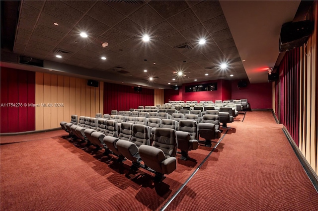 home theater room with carpet floors, visible vents, and recessed lighting