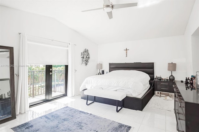 tiled bedroom with lofted ceiling, access to outside, a ceiling fan, and french doors