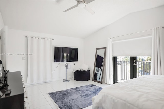 tiled bedroom featuring access to exterior, lofted ceiling, and a ceiling fan