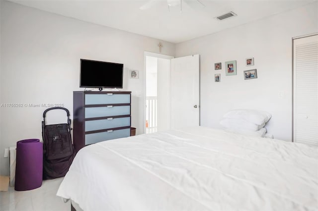 bedroom featuring a closet, visible vents, and ceiling fan