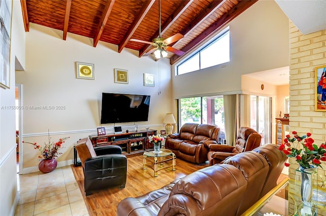 living room featuring wood ceiling, ceiling fan, high vaulted ceiling, beam ceiling, and light tile patterned flooring