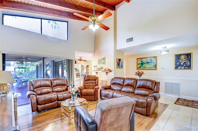 living room featuring wood ceiling, a fireplace, visible vents, and beam ceiling