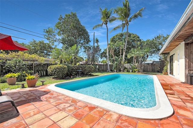 view of swimming pool with a fenced in pool, a fenced backyard, and a patio