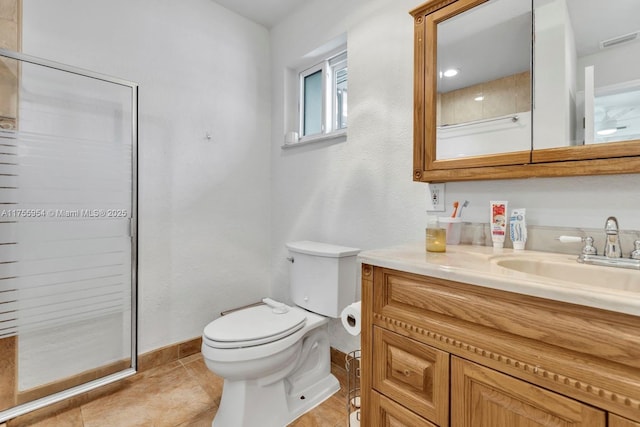 full bathroom with tile patterned flooring, visible vents, toilet, and walk in shower