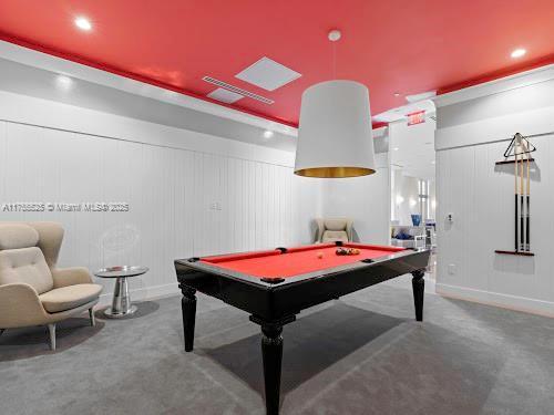 playroom featuring carpet floors, billiards, baseboards, and recessed lighting