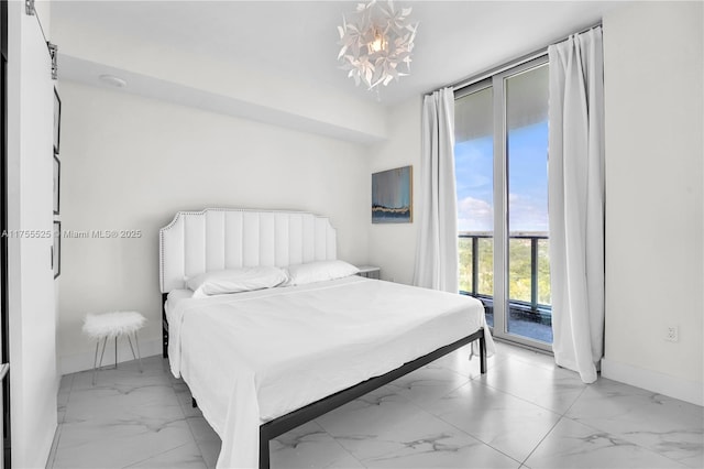 bedroom with access to exterior, marble finish floor, expansive windows, a chandelier, and baseboards