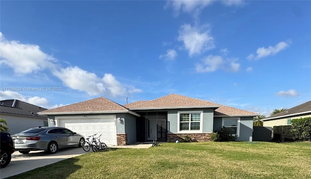 ranch-style home with an attached garage, driveway, stone siding, stucco siding, and a front yard