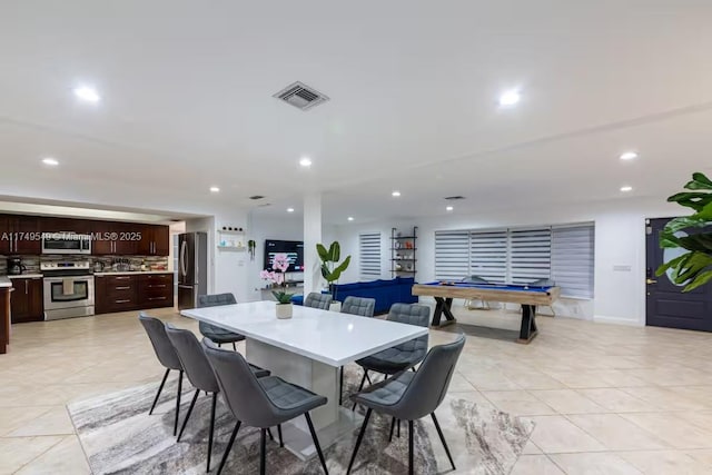 dining space featuring recessed lighting, pool table, visible vents, and light tile patterned floors