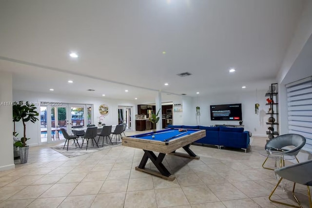 playroom with french doors, light tile patterned flooring, billiards, and visible vents