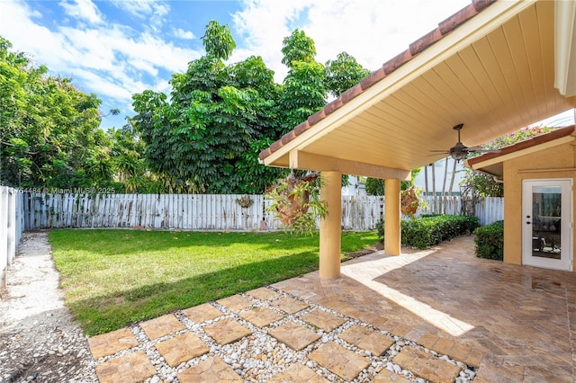 view of patio / terrace featuring ceiling fan and a fenced backyard