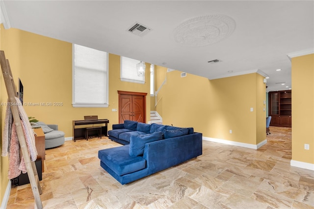 living room with recessed lighting, visible vents, baseboards, stairs, and ornamental molding