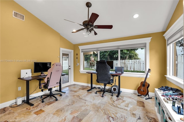 office featuring baseboards, visible vents, vaulted ceiling, and recessed lighting