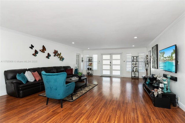 living room with recessed lighting, wood finished floors, baseboards, french doors, and ornamental molding