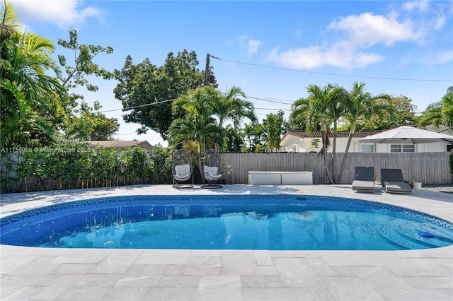 view of pool featuring a patio area, a fenced backyard, and a fenced in pool